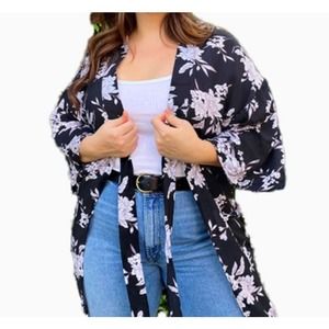 Spiritual Gangster OS (One Size) Black Floral Tie Front Kimono or Swim Cover